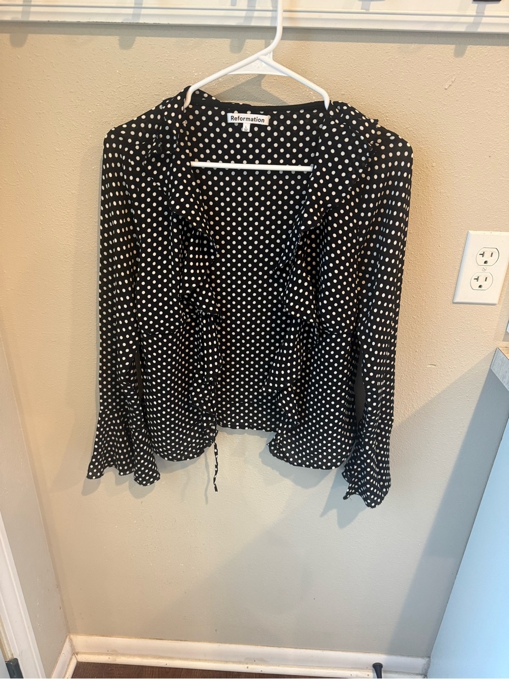Reformation Black and White Polka Dot Ruffle Blouse
